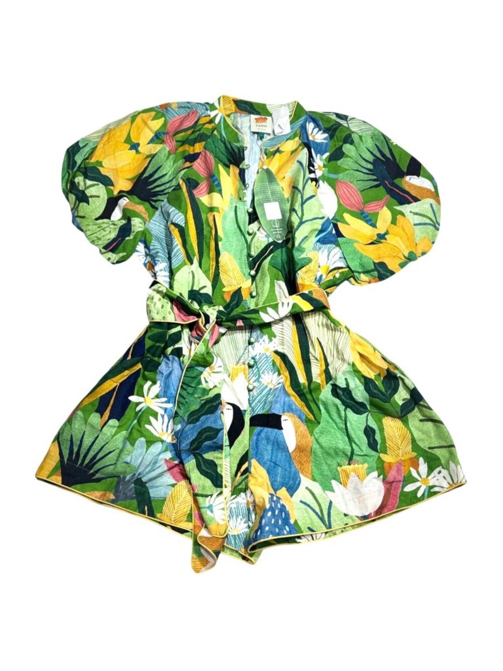 Nwt Farm Rio Vintage Toucans Tropical Puff Sleeve Linen Romper Large Msrp $190